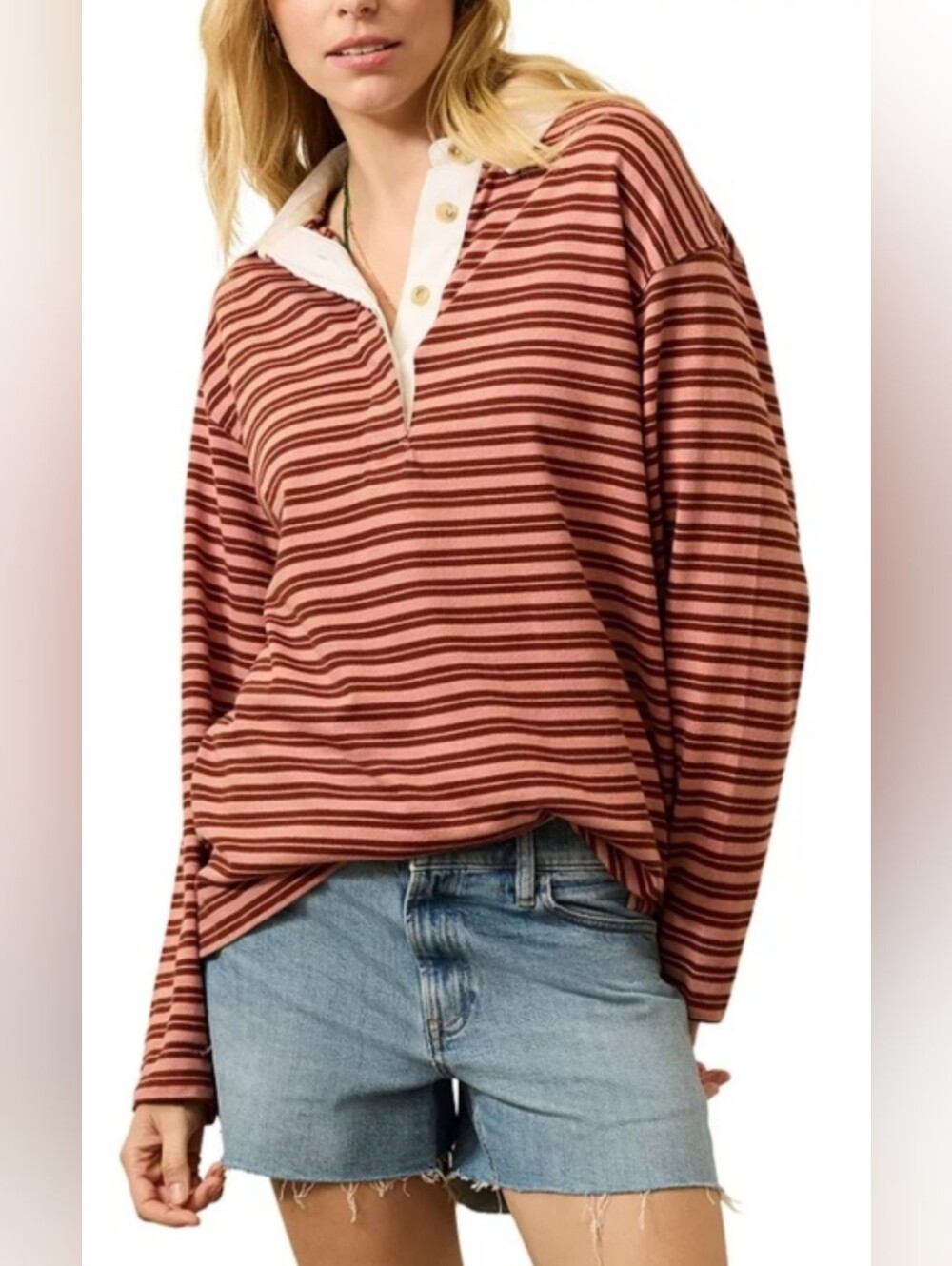Faherty Hometown Rugby Striped Long Sleeve Polo Top — Dusty Rose (Size M)
